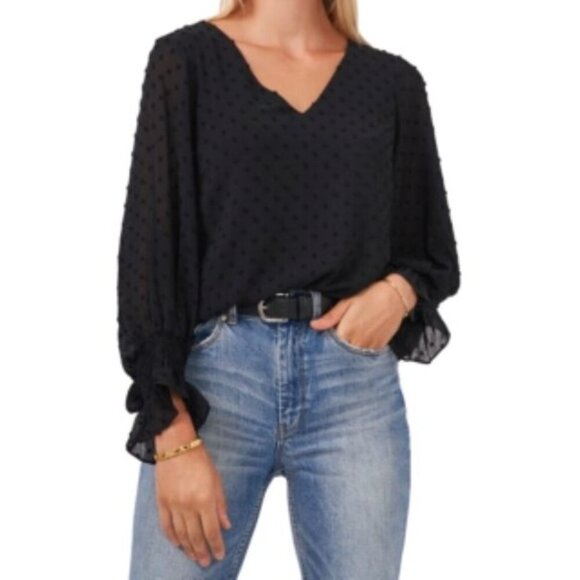 Vince Camuto Women's Clip-Dot Smocked-Cuff Top Xtra Small XS Rich Black - Picture 2 of 10